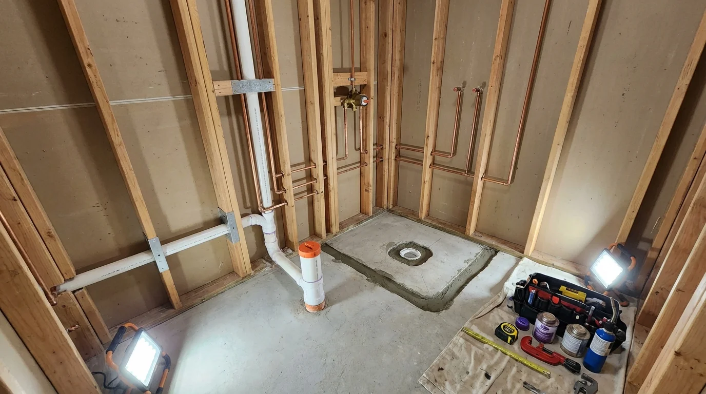 Bathroom rough-in plumbing during remodel by Johns Plumbing LLC in Eldorado