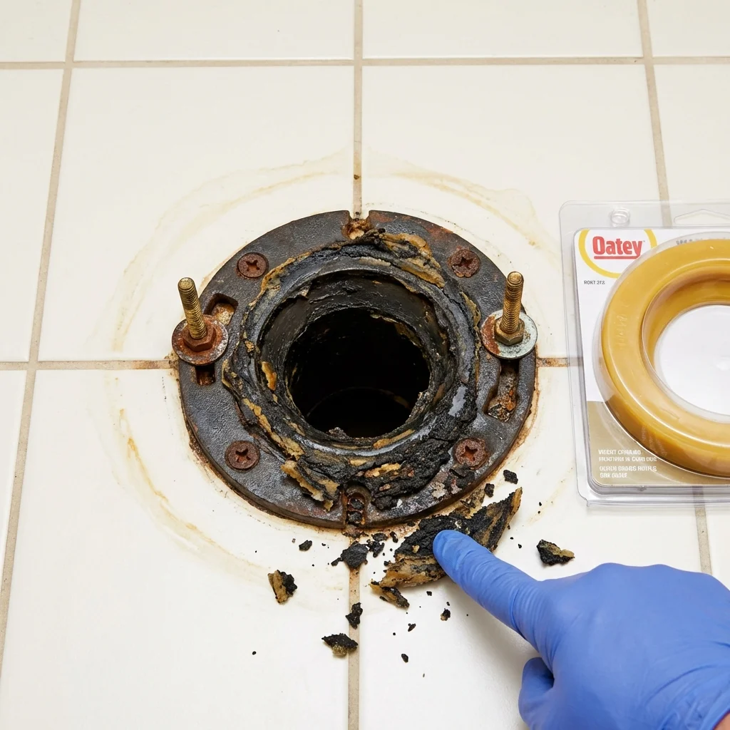 Failed wax ring showing water seepage at the base of a toilet in a Eldorado, TX home