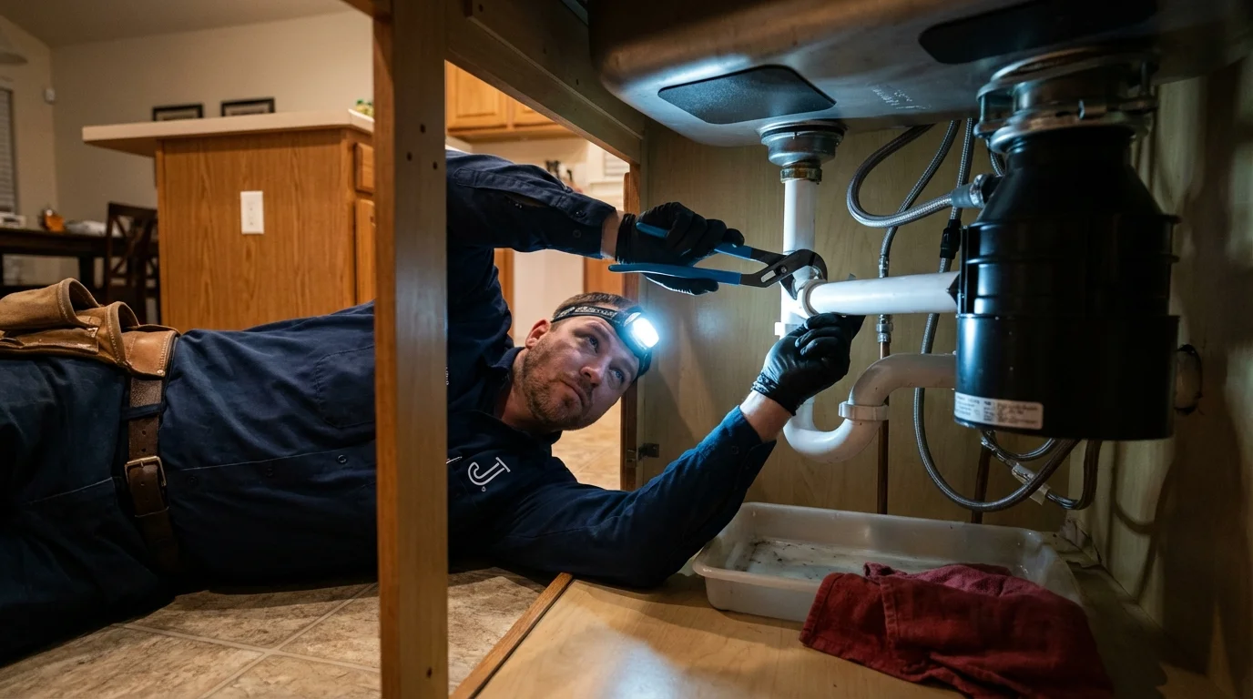 P-trap and supply line connections under a kitchen sink showing a common leak point in Eldorado, TX